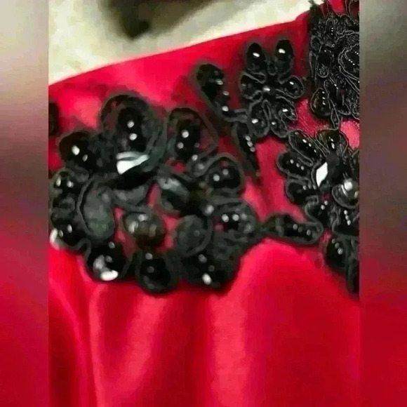 HAVANA COUTURE RED SATIN BLACK LACE FULL CIRCLE PARTY HOLIDAY SKIRT SIZE S-M - Picture 3 of 7